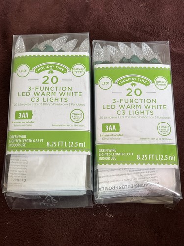 Holiday Time 20 Warm White LED C3 Lights Battery Powered 8.25ft NEW 3 Function - Picture 1 of 5