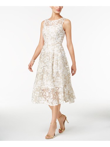 ADRIANNA PAPELL Womens Ivory Illusion Floral-appliques Midi Formal Dress 6 - Picture 3 of 6