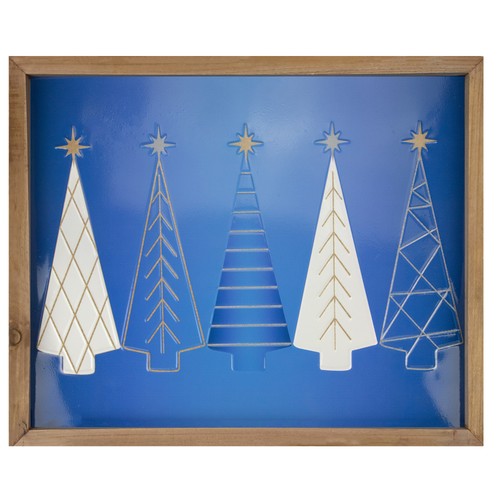 Northlight 17.75" Enmarcado Azul y Blanco Árbol de Navidad Madera Decoración de Pared
