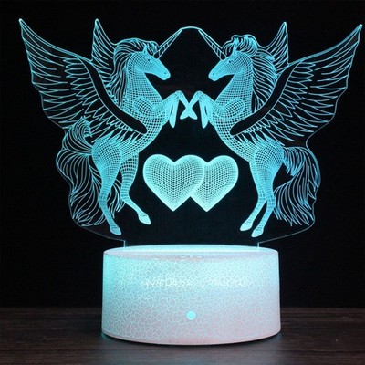 Zwei Einhörner Form 3D RGB LED Acryl Nachtlicht, Fernbedienung & USB