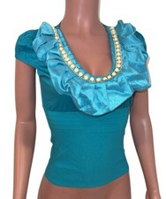 Y2K Vintage 2K Hot Blue beaded Ruffled Fitted Coquette Corset Top SM NWTS Glam