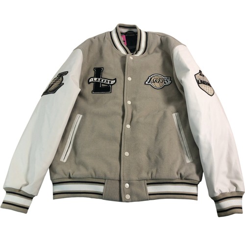 LAKERS Varsity Jacket Men's Beige White Embroidered Patches Size Large