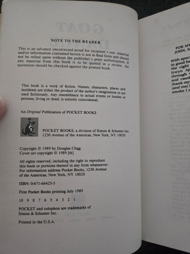 Goat Dance By Douglas Clegg Advance Uncorrected Proofs 1989 Vg- Paperback - Picture 9 of 11