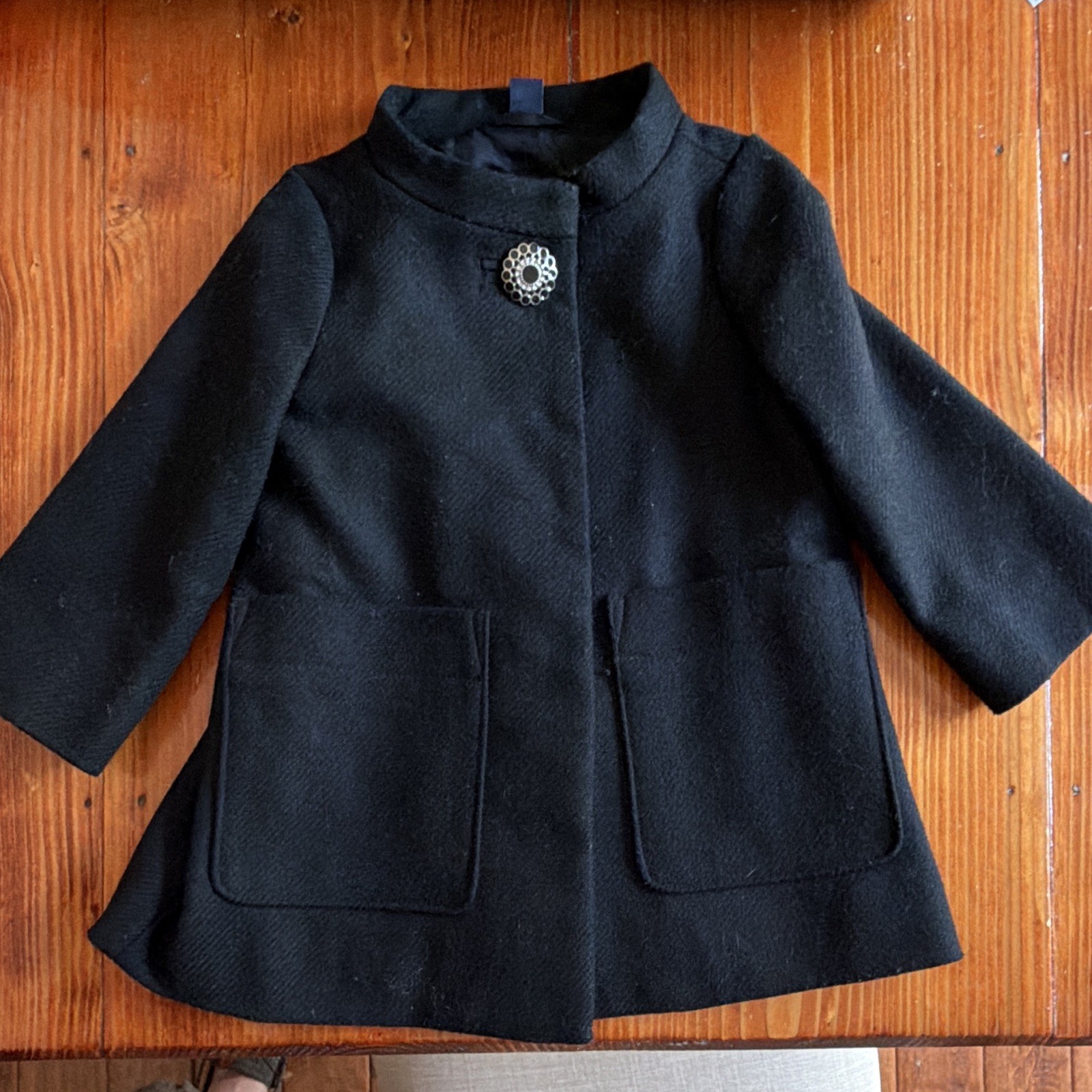 Abrigo forrado babyGap 2T negro mezcla lana, botones delanteros, bolsillos, sarga