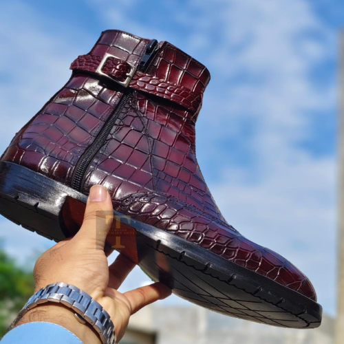 SAOLA Stivali turchi fatti a mano in pelle di coccodrillo marrone suola alta cerniera stivale elegante