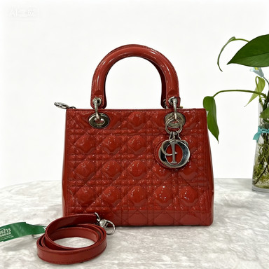 Christian Dior Lady Dior Medium Red Patent Leather 2Way Hand Shoulder Bag Auth