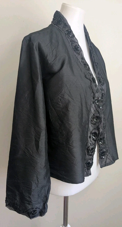 Винтажный черный шелк открытый куртка верхний блестки бисером викторианской стимпанк Gothic M L - Изображение 2 из 4