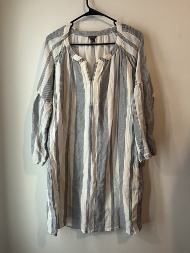 Eddie Bauer 3/4 Sleeve Linen Blend Shift Dress Blue White Striped V Neck Large
