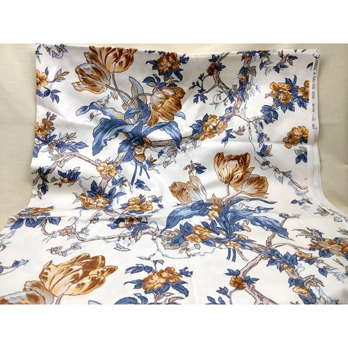 Waverly Yvonne Blue Brown Floral Branches on White Decor Fabric, 66" x 48" Vtg - Picture 10 of 11