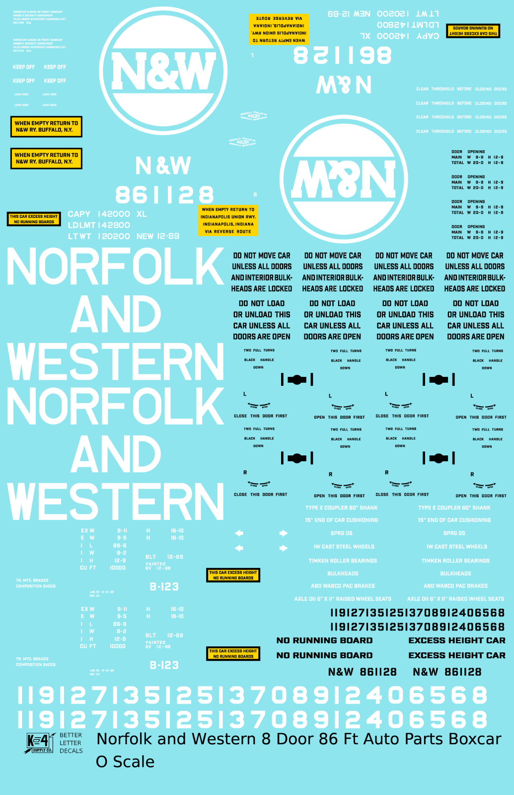 K4 O Scale Decals Norfolk and Western 8-Door 86 Ft Auto Parts Boxcar White
