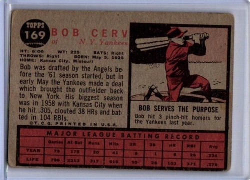 1962 Topps #169a Bob Cerv - Bild 2 von 2