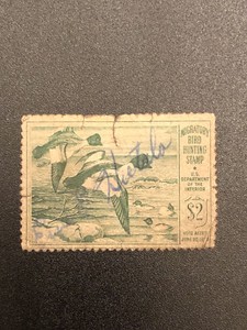 US-DUCK-STAMP-SCOTT-RW16-034-Goldeneye-Ducks-034-1949-USED-2-Green-CV-20