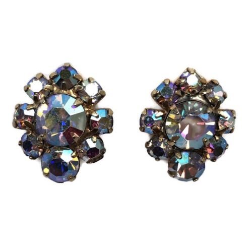 Vintage Aurora Borealis AB Sparkle Cluster Gold Tone Statement Clip Earrings - Picture 2 of 5