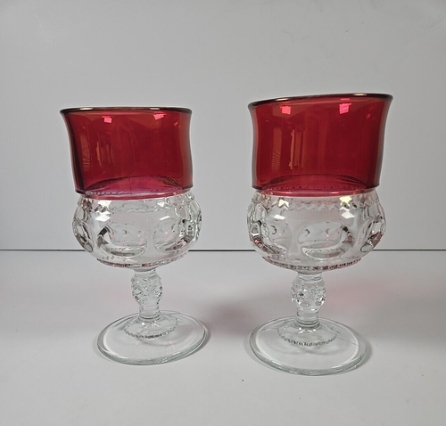 Kings Crown Thumbprint ruby flashed lot of 2 water goblets 5 3/4" Tiffin MCM - Picture 2 of 4