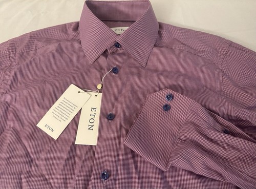New With Tags Eton Slim Fit Twill Dark Pink Mini Check Shirt 38EU/15US $270.00 - Picture 5 of 21