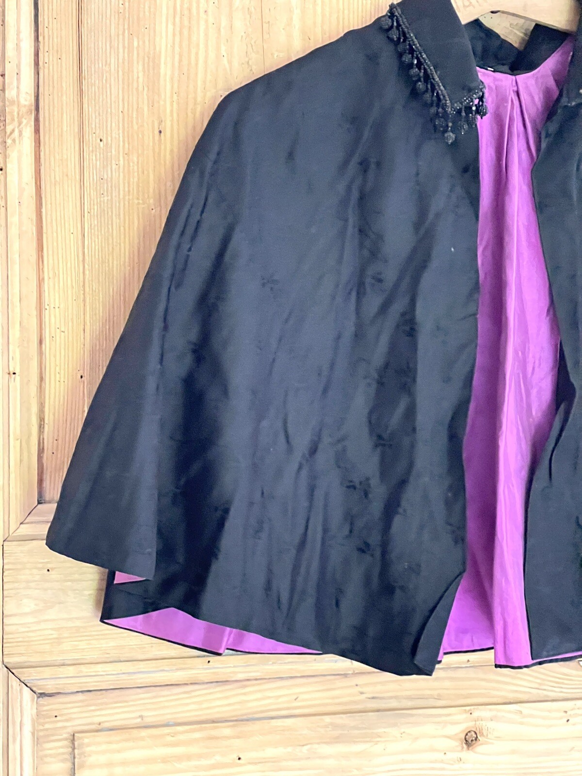 Antique French black DAMASK silk CAPE STOLE BEADE… - image 10