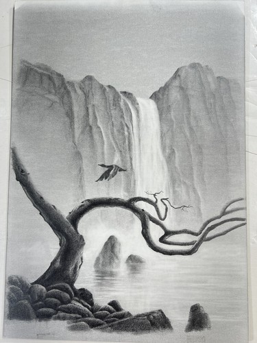 Original Pencil Drawing, Lonely Tree Landscape With Bird, Robert Ficcara - Photo 3 sur 9