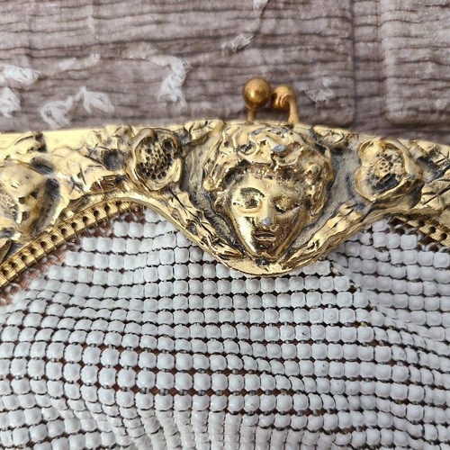 SELTENE Vintage WHITING und DAVIS Emaille weißes Netz Tasche Geldbörse mit Engel und Rosen - Bild 9 von 12