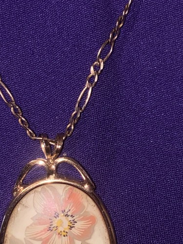 Boho Floral Necklace Pendant Reverse Painted Gold Tone - VINTAGE - Bild 20 von 24