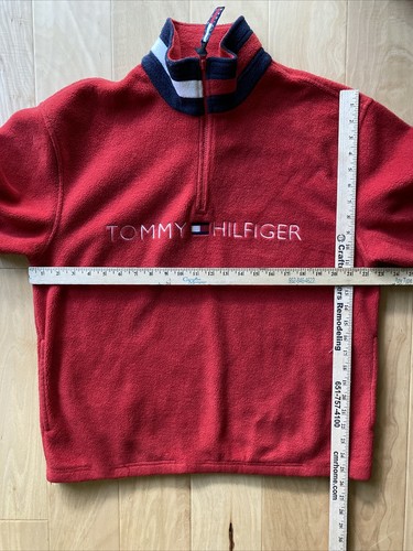 Tommy Hilfiger Men's VTG 1/4 Zip Fleece Y2K Pullover Spell Out Logo Red Size S/P - Picture 7 of 11