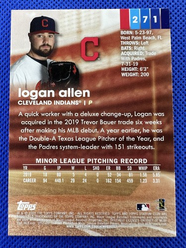 Logan Allen Topps Stadium Club 2020 #271 béisbol radiocontrol Cleveland Indians - Imagen 2 de 2