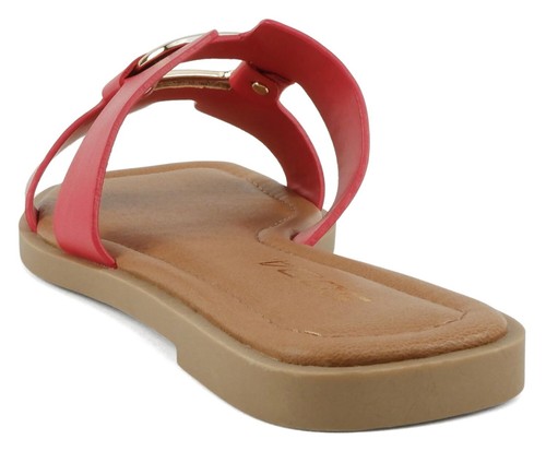 Soda Slip-On Sandals H-Band Flat Flip-Flops Slides Gold Buckle Square FENG Red - Picture 3 of 5