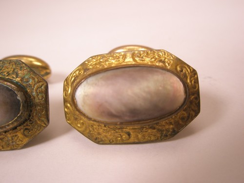 Abalone Gold Plated Bean Back Vintage Victor/Edwardian Cuff Links - Picture 3 of 8