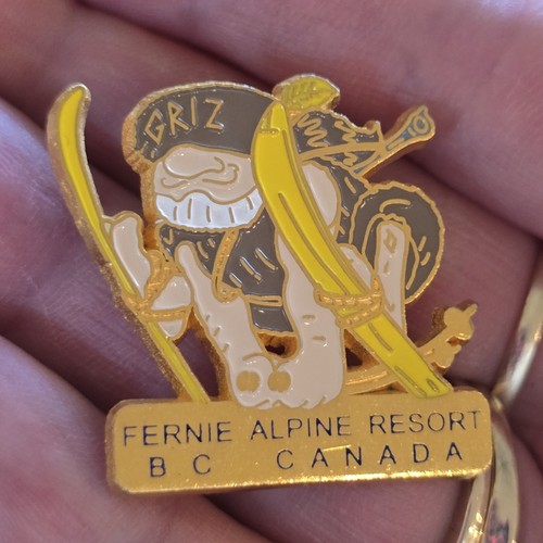 Vtg Skiing Pin ski Fernie Alpine Resort BC Canada GRIZ Collectible Skis Skier
