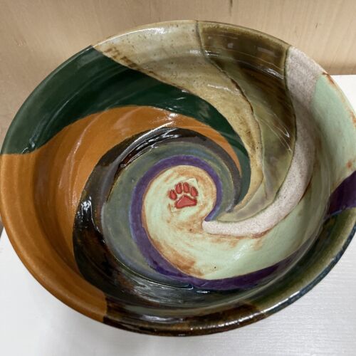 DOG Pottery Bowl Swirl Handmade Purple Brown Green White 9.5'' PAWS 3'' H - Picture 3 of 4