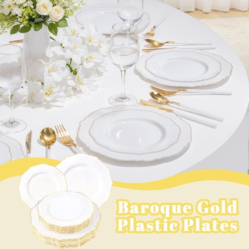 WDF 60pcs White and Gold Plastic Plates - Baroque White With Gold of 30 Heavy Du - Picture 6 of 7