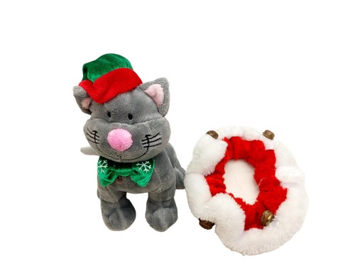 Plush small gray cat red green winter hat snowflake bow Christmas Wal-Mart 7" - Picture 5 of 8