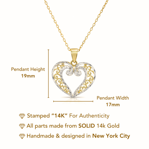 14K Real Solid Two-Tone Gold Filigree Open Heart Pendant Charm Necklace 18 in - Picture 2 of 12