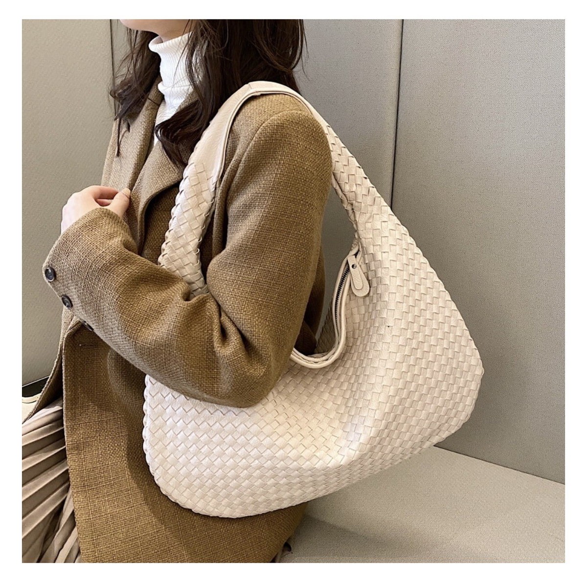 Woven Leather Hobo Bag Trendy Fashion Luxury BEIGE Color