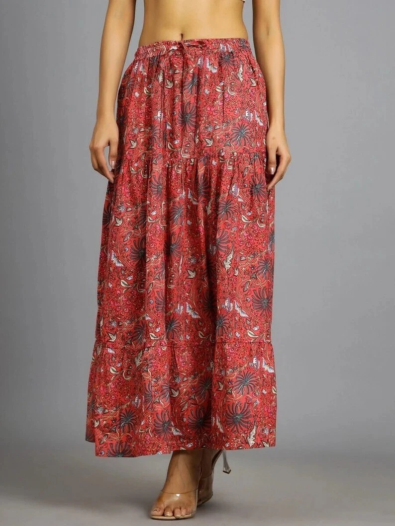Indian Multi Floral Frill Skirt Cotton Long Skirts Free Size Beachwear Skirts AU