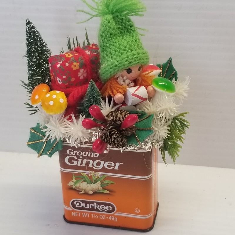Vintage christmas ginger spice tin assemblage wood girl mushrooms Trees pincones