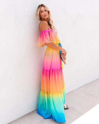 Rainbow Color Ruffle Pleated swing dress S-2XL Woman Off Shoulder Maxi dress - Picture 6 of 29