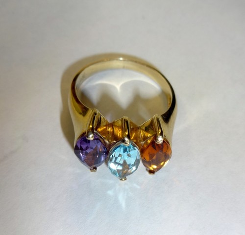 NEW QUALITY 14K Yellow Gold 3 STONE Natural Amethyst, Blue Topaz, Citrine Ring - Picture 2 of 5
