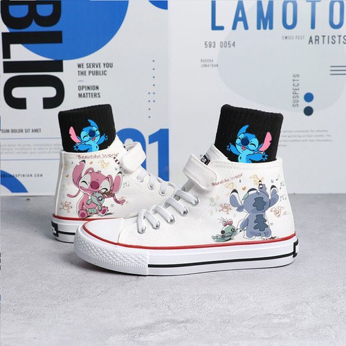 Boys Girls Stitch Canvas Trainers Shoes Kids Low High Top Lace Up Casual Sneaker - Bild 18 von 39