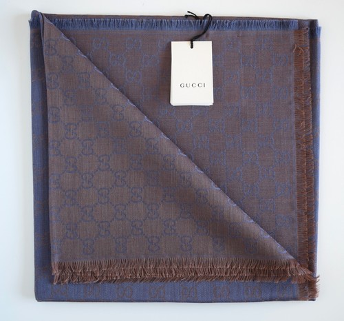 Sciarpa Scialle Lana Seta femminile GUCCI 140x140 Nuovo  281942 blu-marrone - Picture 5 of 10