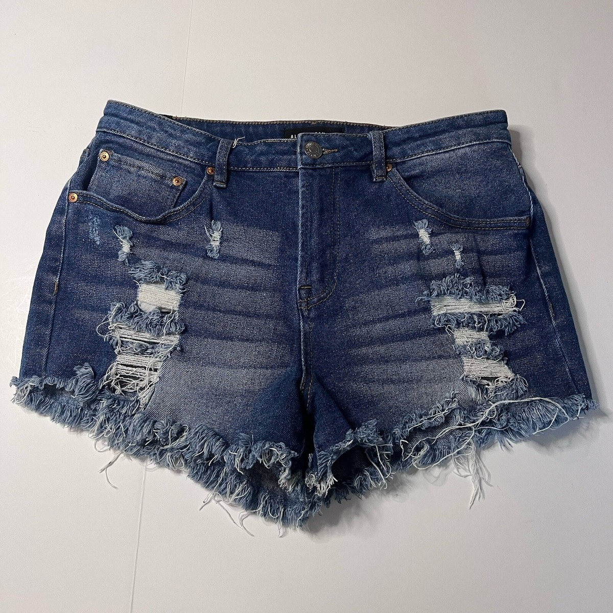 ★ROCKCAKE★ Shasha Shirring Shorts Almost Famous Denim Shorts Stretch Distressed Frayed Medium
