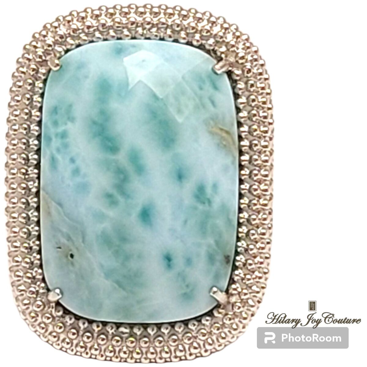 Larimar Ring Wide Textured Band Rhodium on Sterling Silver Antiqued Finish Larimar Ring Wide Textured Band Rhodium on Sterling Silver Antiqued Finish