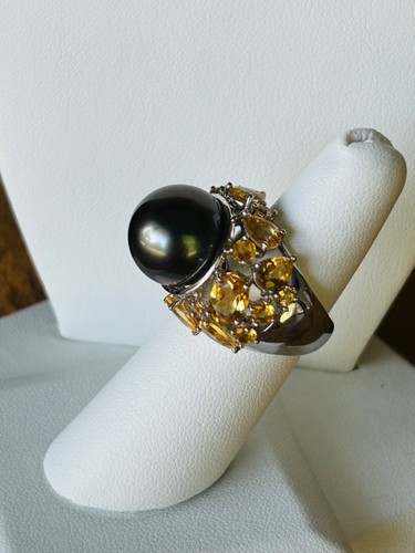 Rhodium Over Sterling Silver 13.5mm Round Tahitian Pearl and Citrine Ring Size 6 - Picture 2 of 6