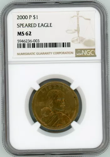 2000-P Sacagawea $1 One Dollar Coin Speared Eagle Wounded Eagle NGC MS-62