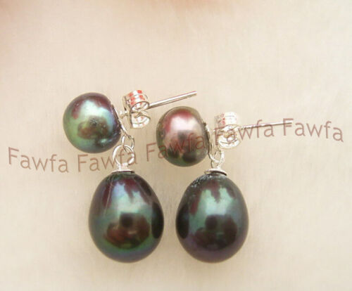 Natural 7-8mm&9x11mm Black Tahitian Pearl Silver Stud Earrings Pendant Earrings - Picture 2 of 4