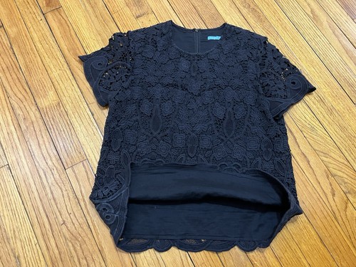 J. McLaughlin Short Sleeve Black Blouse 100% Cotton Lace Overlay Women's Medium - Picture 3 of 12