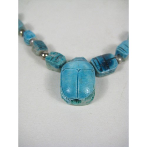 Egyptian Revival Scarab Faience Necklace Beaded Ceramic Vintage Pendant 29 READ - Picture 3 of 15