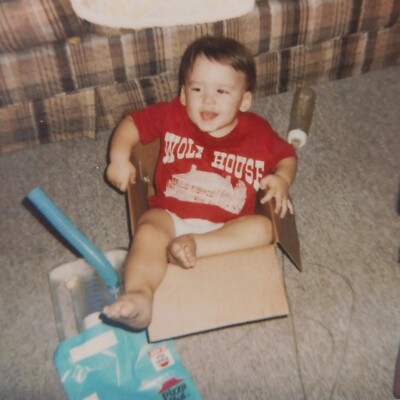 Vintage Polaroid Photo Baby In Box Cute Funny Silly Odd Child Found Snapshot 