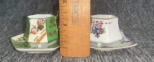 Occupied Japan Miniature Square Floral Green White Gold Cup & Saucer Hexagon - Picture 7 of 8