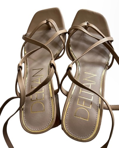 Deltan $98 Fawn Nude Ankle Wrap Strappy Block Heel Thong Sandals Sz 6.5 NEW - Picture 10 of 12