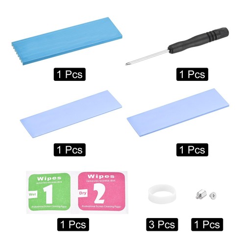 Aluminum Heatsink Sky Blue 70x22x3mm with Tools and 2 x Thermal Pad for SSD - Afbeelding 3 van 5